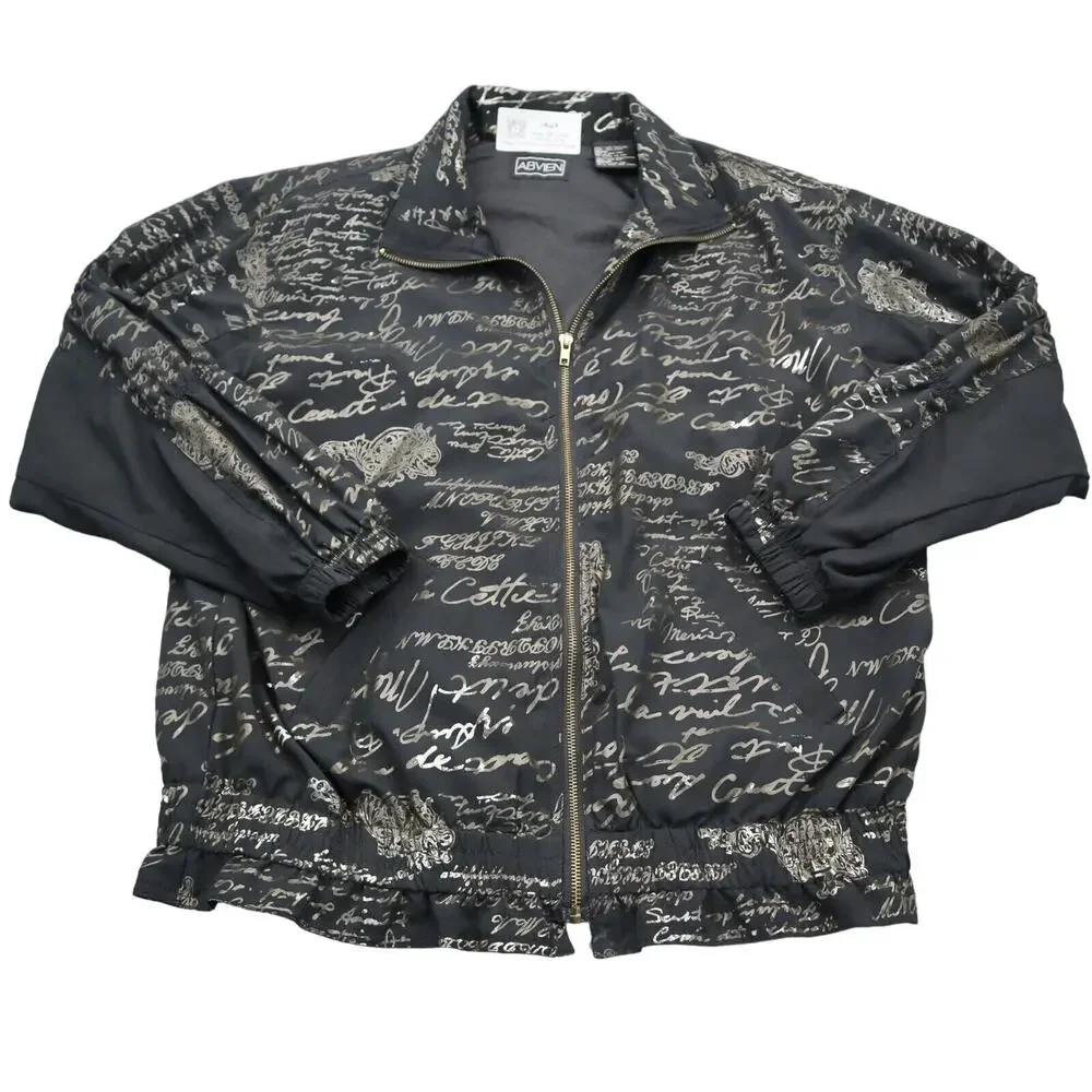 ABVIEN Jacket Mens M Black Gold French Writing Full Zip Bomber Style Casual Wear